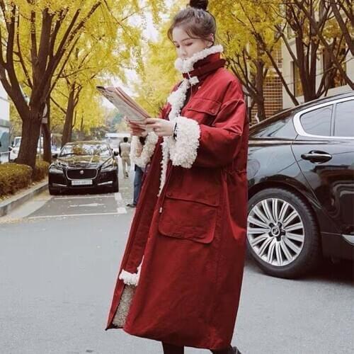 Cotday Winter Warm New High Collar Lamb Hair Female Red Thick Adjustable Waist Student Women Down Cotton Long Parka Coat