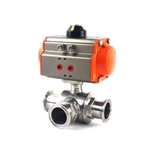 1" Sanitary Stainless 304 Three way T-port Tri-Clamp Pneumatic Ball Valve