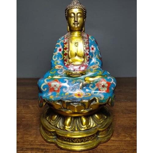 8" Tibet Buddhism Old Bronze Cloisonne Enamel Amitabha Buddha Statue Sitting lotus Sakyamuni statue Enshrine the Buddha