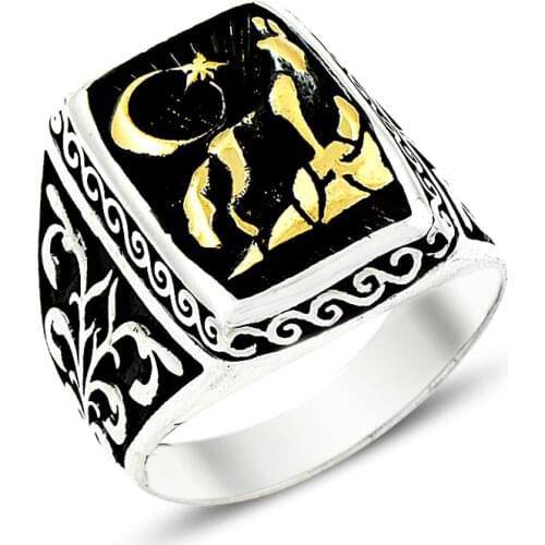 925 Silver Ethnic English Men Rings Wolf and Moon Printed Rings for Men