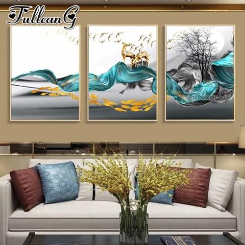 FULLCANG 5d diy diamond embroidery abstract black green line deer fish painting triptych full square round drill decor FC3598