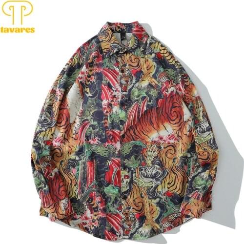 TAVARES Men Casual Stripes Shirts Leopard Summer Short Sleeve Hawaiian Beach Shirt Baggy Oversized Hippie Gothic Harajuku Top