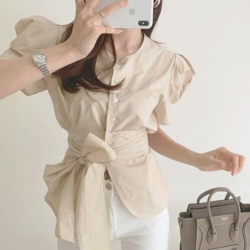 Chic Korean Summer Minimalism O Neck Lace Up Puff Short Sleeve Bow Bandage Blouse Single-breasted Casual Retro Blusas Mujer