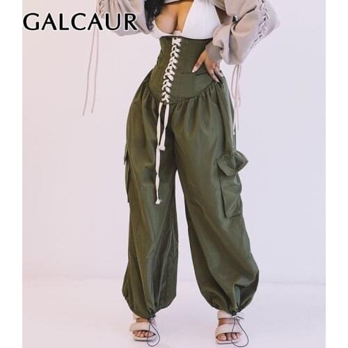 GALCAUR Casual Trousers For Women High Waist Pockets Bandage Drawstring Hit Color Designer Wide Leg Pants Female 2021 Spring New