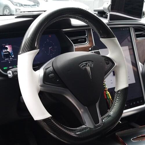Interior 5D Black Carbon Fiber&White PU Leather Steering Wheel Hand Sewing Wrap Cover Fit For Tesla Model S Model X 2016-2020