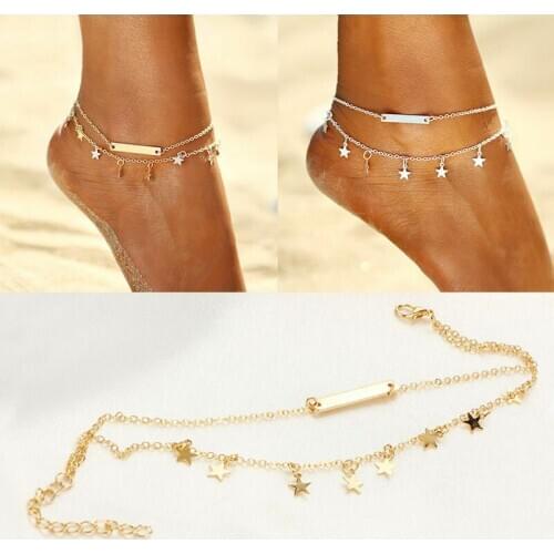 ANKLE BRACELET DOUBLE LAYER LADIES ANKLET STAR CHAIN SILVER COLOR GOLD COLOR