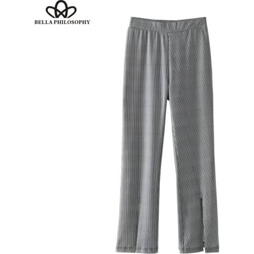 HStar 2020 women high waist pants striped casual loose wide leg pants fashion open formal wide leg pants for women