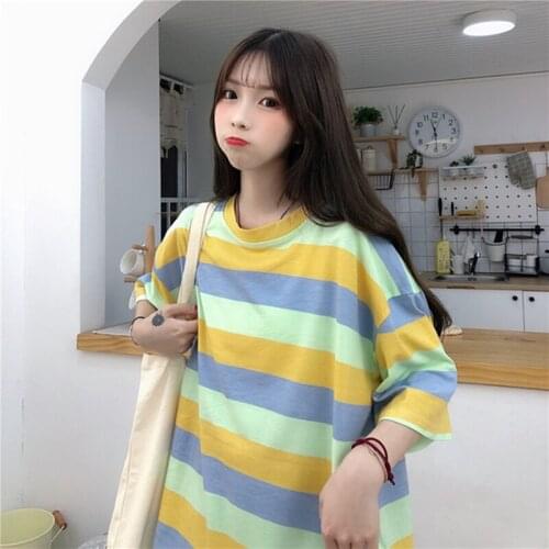 Summer 2021 New Korean Version Of The Rainbow Striped Short-Sleeved t-Shirt Womens Summer Loose Womens Clothes