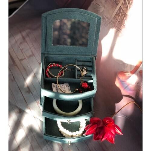Fashion Velvet Jewelry Case Jewelllery Storage Box Holder Necklace Ring Earrings Pendant Display Organizer 3 layer inside mirror