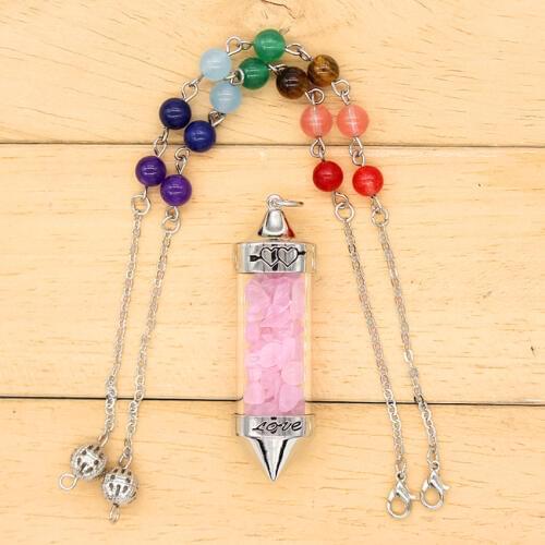 Trendy-beads Silver Plated 7 Stone Beads Chakra Chain Dowsing Pendant Natural Rose Pink Quartz For Women Jewelry