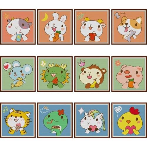 Cartoon Zodiac Animals Cross Stitch Embroidery Needlework Kits Stamped 11CT 14CT Print Counted Patterns Crafts Decor Thread Sets