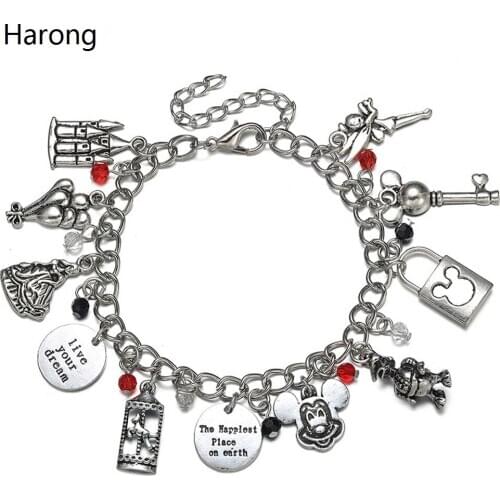 Cartoon Mickey Minnie Cute Charm Bracelet Balloon Castle Key Lock Pendant Bangle Jewelry For Woman Kids Cosplay Accessories Gift