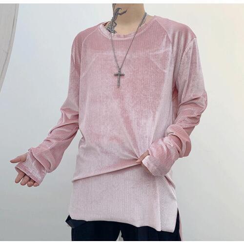 Korean velvet shining tshirt men Long sleeve Finger holes Side slit Pink Grey Autumn Spring Hiphop tops