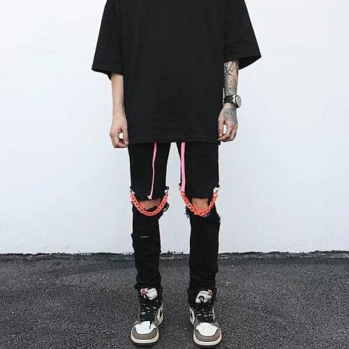 2021 Mens High Street Wind Hole Slim Fit Elastic Jeans Hip-hop Casual Pants Chain Drawstring Black Long Pants Trousers M-4XL
