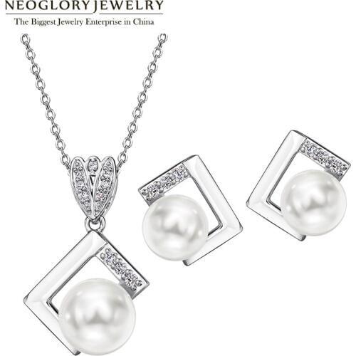 Neoglory AAA Zircon Simulated Pearl Necklaces Earrings Allergy Free Fashion Jewelry Sets White for Women 2020 Christmas Gifts