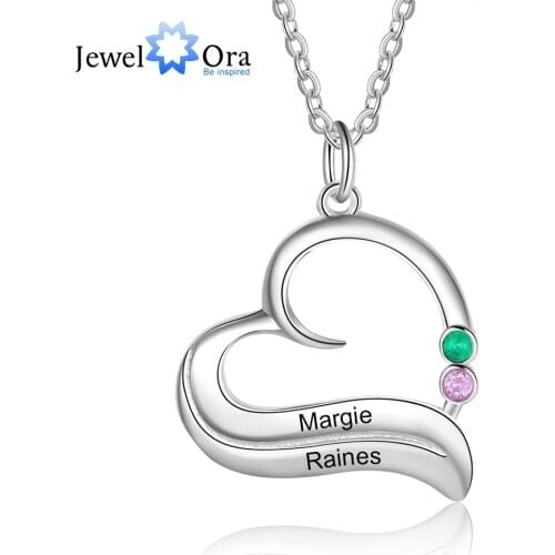 JewelOra Personalized Silver Color Birthstone Heart Necklace Customized 1-3 Name Engraved Pendant Necklace Unique Gifts for Mom