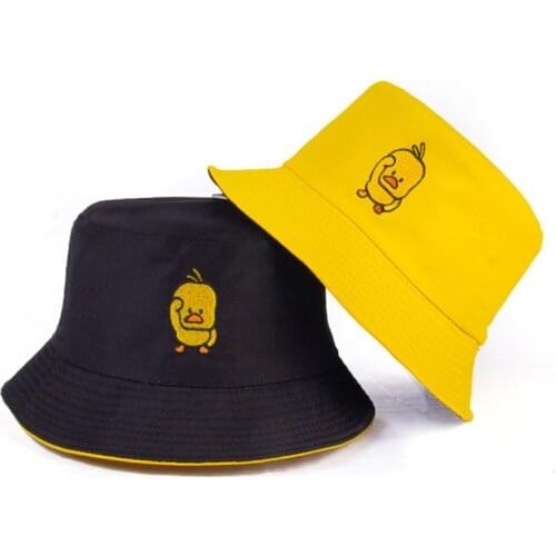 1PC Cute Cartoon Duck Embroidery Bucket Hat for Women Fashion Cotton Reversible Bob Femme Mens Panama Sun Fishing Fisherman Hat