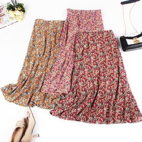 Pastoral hipster long tulle pleated high waist sexy vintage korean skirt womens summer printed A- line dress skirts womens
