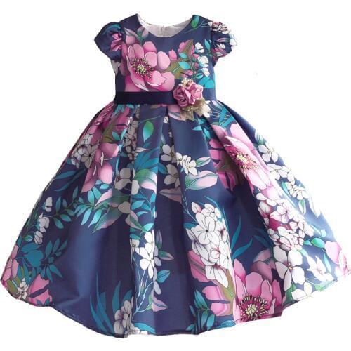 Floral Girls Dress Blue Hi-lo Party Wedding Summer Princess Wedding Kids Dresses for Girl Clothes Dancing Pageant Size 3-8T