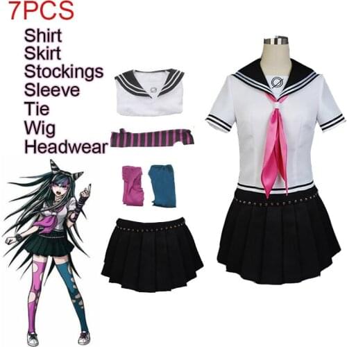 7PCS Ibuki Mioda Cosplay Custome Dangan Ronpa 2 Goodbye Despair Shirt Dress Long Wig School Girl JK Uniform Skirt Set Halloween