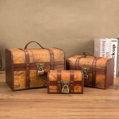 Antique Map Retro Wooden Box Treasure Chest With Lock Storage Treasure Box Vintage Europe Wood Boxes Jewelry Organizer