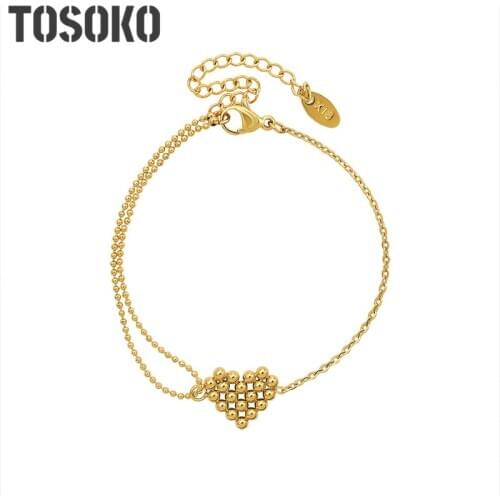TOSOKO Stainless Steel Jewelry Double Chain Steel Ball Peach Heart Love Pendant Bracelet BSE203