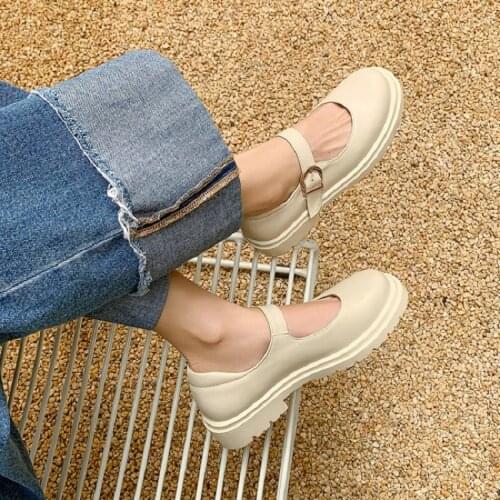 ZawsThia Beige Brown Black Lolita Girls Shoes Round Toe Platform Thick Sole Buckle Strap Womens Mary Janes Chic Woman Flats Shoe