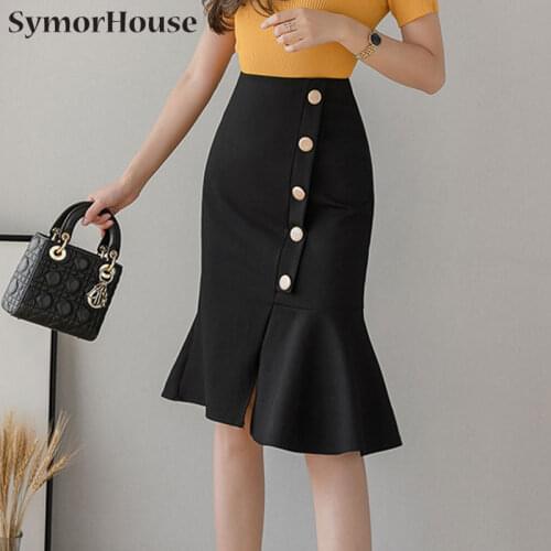 Plus Size Skirts Womens Faldas Mujer Moda 2021 Fashion Black Mermaid Skirt Office Sexy Korean Women Red Button Midi Skirt