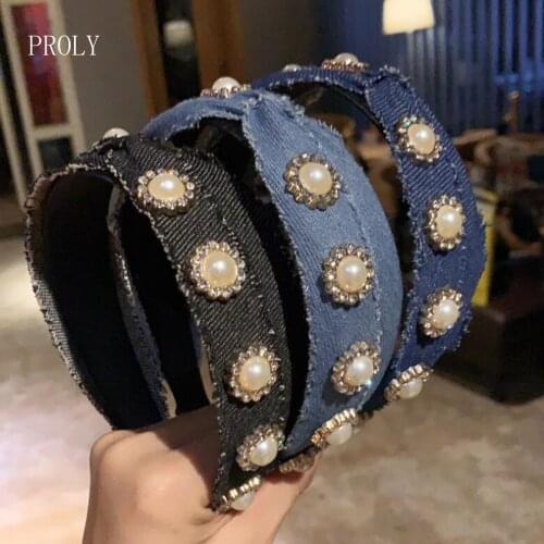 PROLY New Fashion Women Hairband Vintage Cross Knot Denim Headband Flower Rhinestone Headwear Adult Hair Accessories