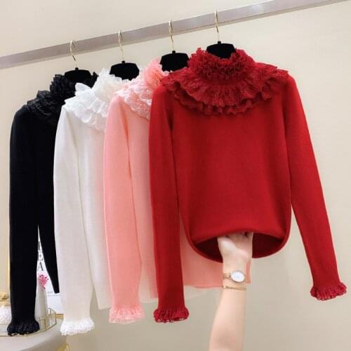 Womens Sweater Pullover 2021 Autumn Winter New Lace Turtleneck Long Sleeve Pull Knitted Sweater Female Jumper Bottoming Shirt