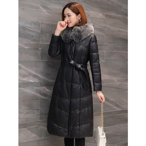 Winter Genuine Leather Jacket Women Fox Fur Collar Sheepskin Coat Down Jacket Woman Hooded Slim Chaqueta Mujer AF2301 KJ1521