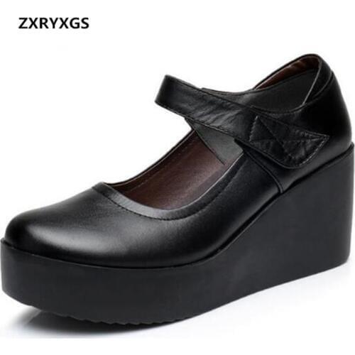 ZXRYXGS Women Brand Shoes Wedges Platform Shoes High Heels 2020 New Big Size Spring Shoes Woman Black Non-slip Cow Leather Shoes