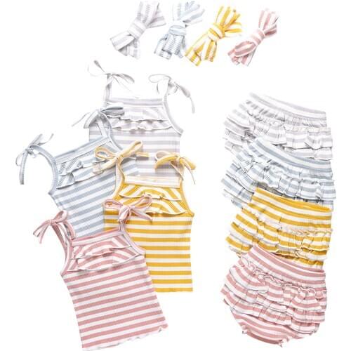 0-24M Infant Baby Girl Clothing Summer Knitted 2pcs Ruffle Sleeveless Striped Print Romper+Triangle Tutu High Waist Shorts