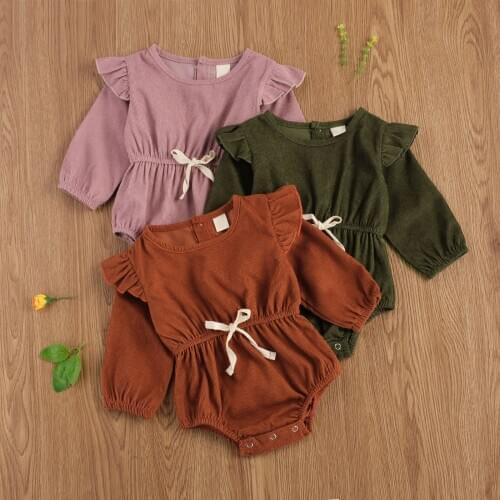 0-24M Infant Baby Girl Sweet Romper Headband 2pcs Ruffle Shoulder Sold Long Sleeve Jumpsuit Playsuit Fall Outfits