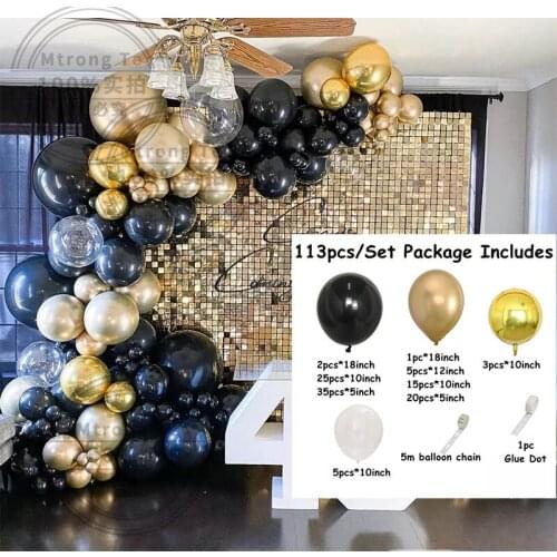 113pcs/Set Black Gold Balloon Garland Arch Kit Chrome 4D Balloons Wedding Birthday Party Decor Balaos Baby Shower Air Globos