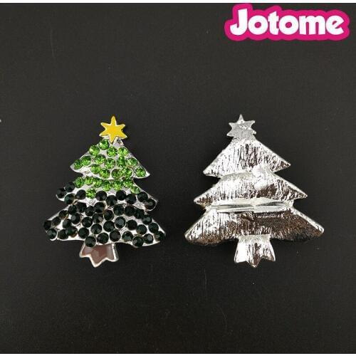 100pcs/lot 45mm Christmas Tree Enamel And Rhinestone Silver Plated Button Xmas Brooch For Christmas Day Decoration