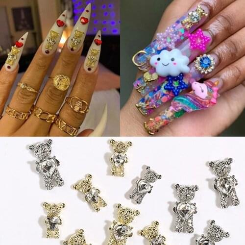 3D Nail Art Charms Shiny Zircon Alloy Cute Bear Luxury Jewelry with Crystal Heart Gold Silver Metal Salon Manicure Tips