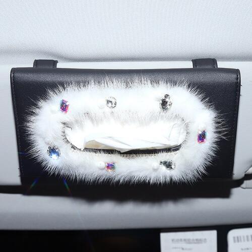 Lovely Furry Car Interior Rearview Mirror Cover with Crystals Sunvisor Tissue Bag for Women Girl Nice Gift