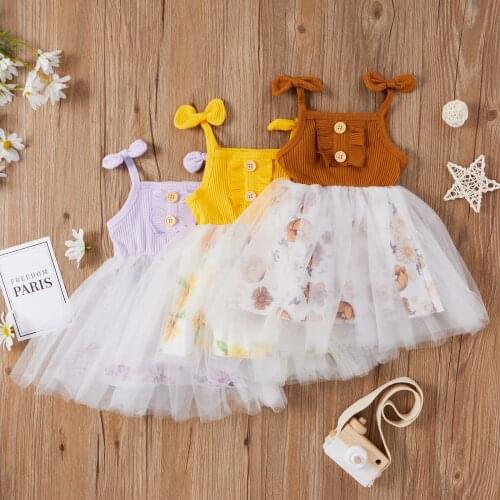 Kids Dress Floral Print Sleeveless Stitching Sundress for Summer Khaki/Yellow/Light Purple 6 Months-4 Years Girls Casual Dresses