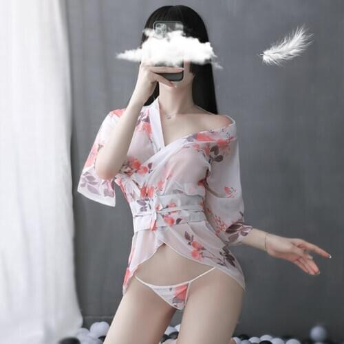 Hot Sexy Lingerie New Kimono Exquisite Printing Chiffon Japanese Adult Nightgown Open Front Five-Point Sleeve Temptation Yukata