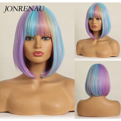 JONRENAU Cosplay Short Wigs for women Colorful Bob lolita smooth Hair Wigs High Temperature Fiber Pink Blue Wigs Gift