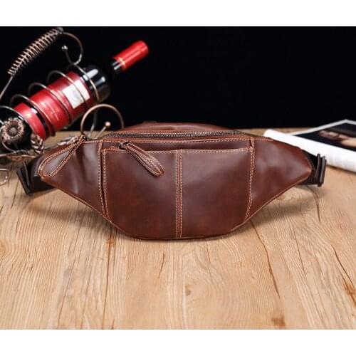 Brown New Crazy Horse Leather Waist Bag Men USB Charging Waist Travel Belt Large Capacity belt bag for Phone Male Money Pauch