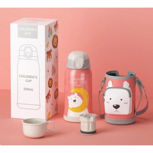 550ml Cartoon Mug With 3 Lids + Cup Sleeve Stainless Steel Convenient Four Seasons Universal Childrens Straw Thermos