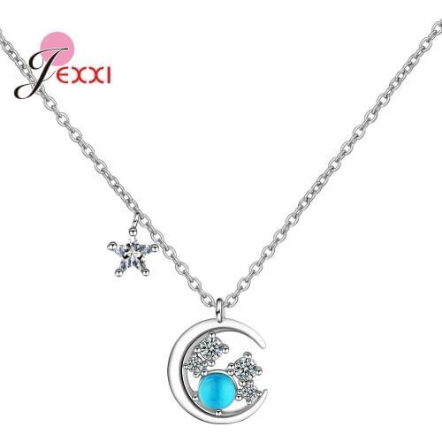 Hot Selling 925 Sterling Silver Moon Star Pattern Pendant Necklace Light Blue Opal Stone Jewelry for Women Girls Night Party