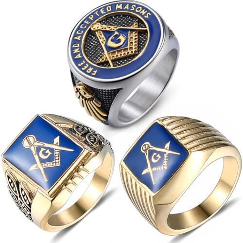 Masonic Ring Free Mason Stainless Steel Freemasonry Ring Freemason Gold For Men AG Jewelry Punk Blue Enamel Quality Size 8-13