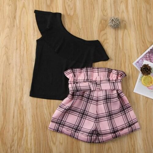 Fashion Girls Summer 2 Pieces Outfit Set Black Tops Short Ruffle Pants Set 2-7T