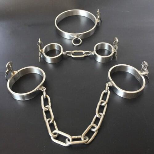 Handcraft Ankle Cuffs Stainless Steel Lockable Neck Collar Handcuffs Slave Adult BDSM Bondage Restraints kit Sex Toy For Couples