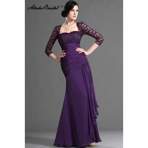 Formal Womens Dress Gorgeous A Line 3/4 Sleeve Purple Chiffon Lace Mother of the Bride Dresses