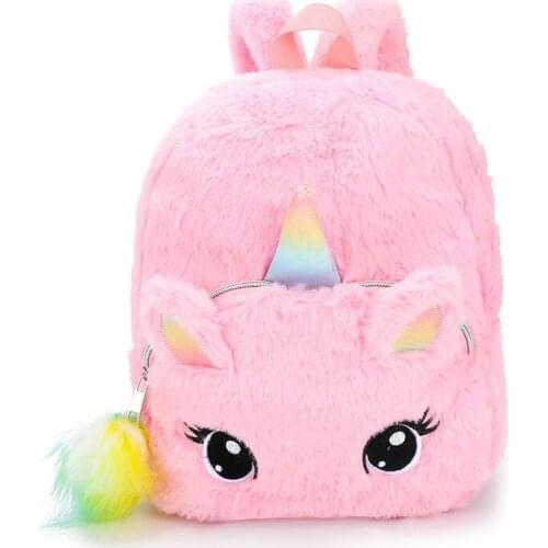 Plush Unicorn Backpack Fluffy Unicorn School Bag Baby Children Girls School Bag Double Shoulder Bag For Kindergarten Girl