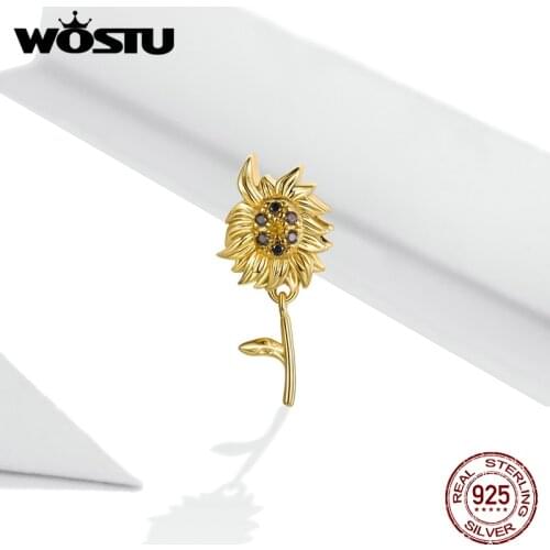 WOSTU Yellew Sunflower Pendant Beads For Women S925 Sterling Silver Fit Original Silver Bracelets Fine Jewelry Making BNC425